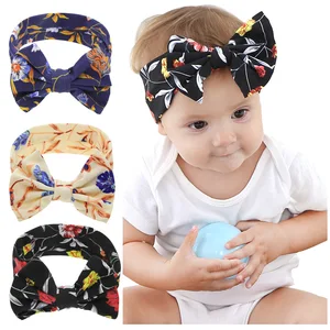 Повязка на голову для новорожденных девочек, с принтом в виде цветов, с заячьими ушками и бантом, Младенцы Малыши Дети