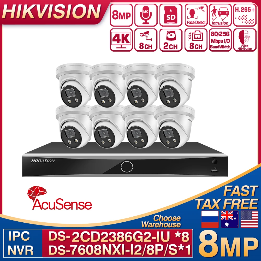 

Hikvision Kits 8PCS IP Camera Acusense DS-2CD2386G2-IU 8MP With NVR DS-7608NXI-I2/8P/S Outdoor Video Surveillance 4K CCTV System