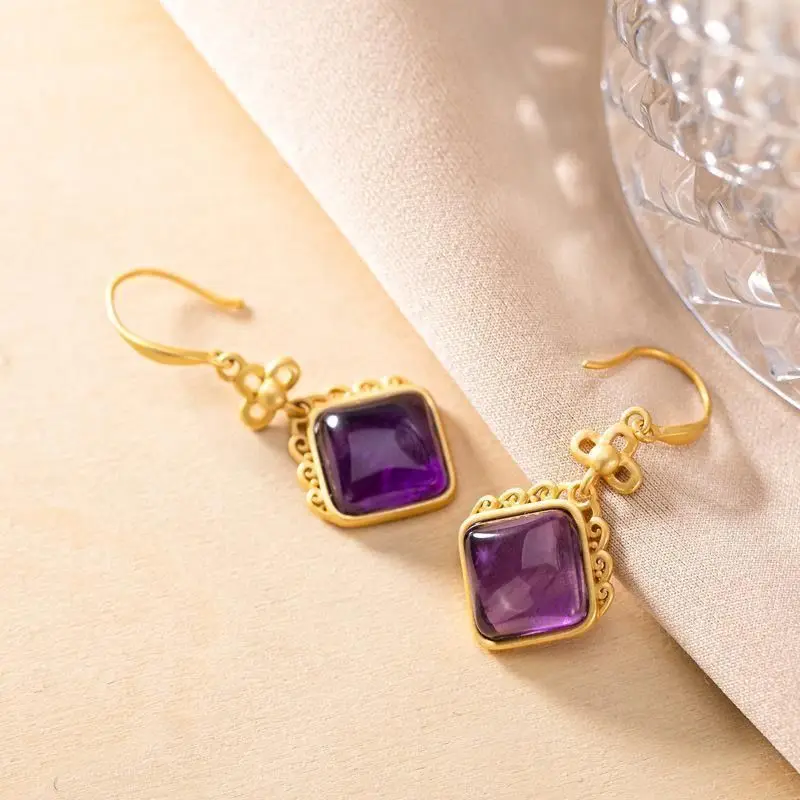 S925 Sterling Silver Gold-Plated Natural Hetian Jade Personality Pattern Geometric Women's Elegant Earrings Eardrop Earring New |