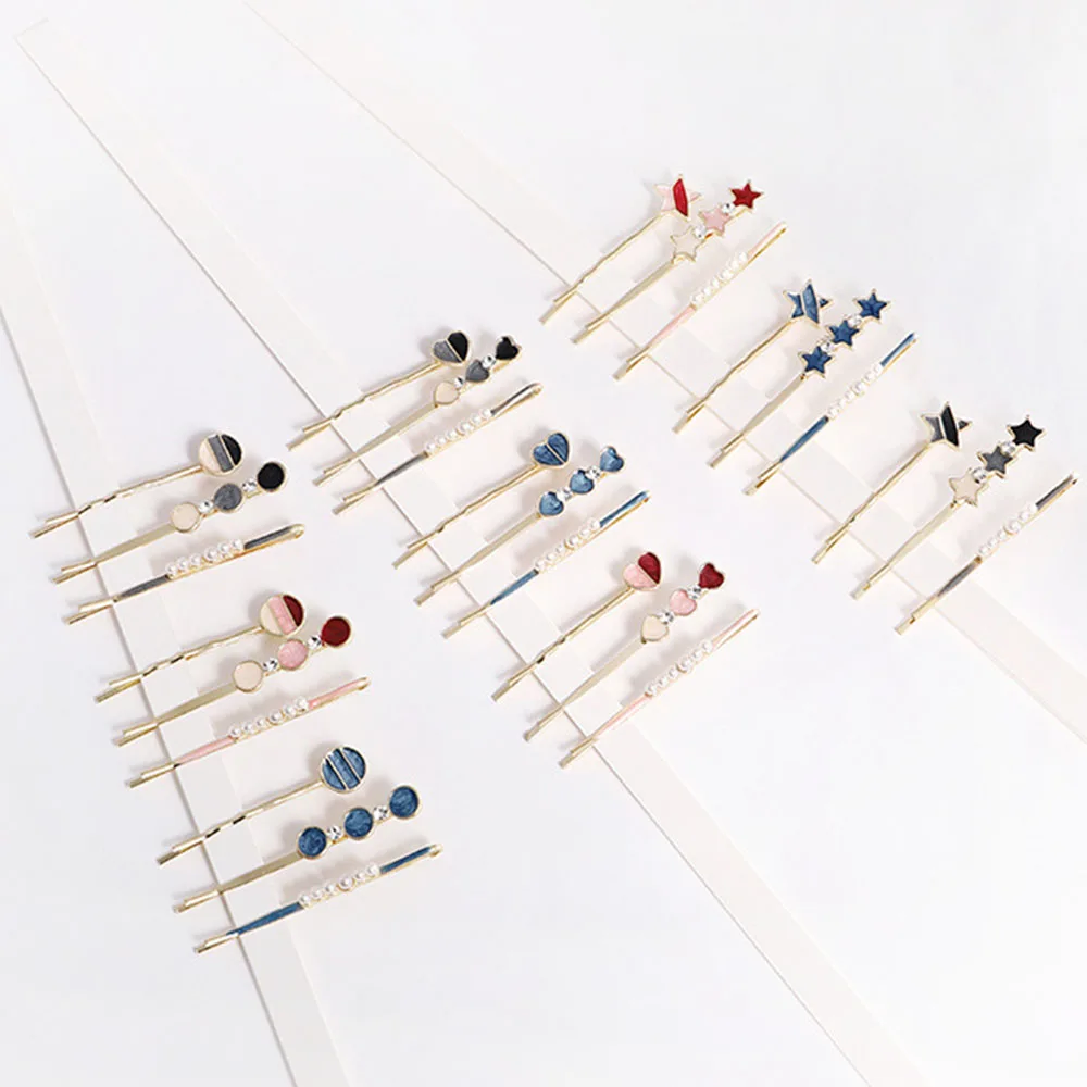 

3pcs Women Geometric Love Heart Five-Pointed Star Round Hair Clip Hairpin Metal Alloy Rhinestone Pearl Hairclip Hair Styling set