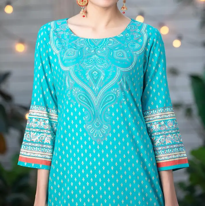 

2020 India Fashion Woman Ethnic Styles Print Sets Cotton Lehenga Choli Blue Elegent Lady Top Pants