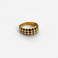 ins hot black white checker enamel rings for women stainless steel 18k gold geometric y2k metal finger ring jewelry