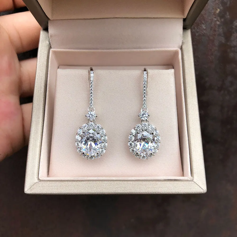 Created Moissanite Wong Rain Романтический Милый стерлингового серебра 925 пробы Овальный искусственный Муассанит висячие серьги с бриллиантами ювелирных изделий - Gem Color: Created Moissanite