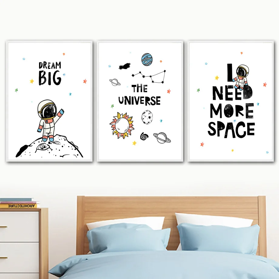 

Nursery Kids Room Decor Painting Cartoon Astronaut Space Canvas Poster Black and White Picture Big Dream Wall Art for Boys Room