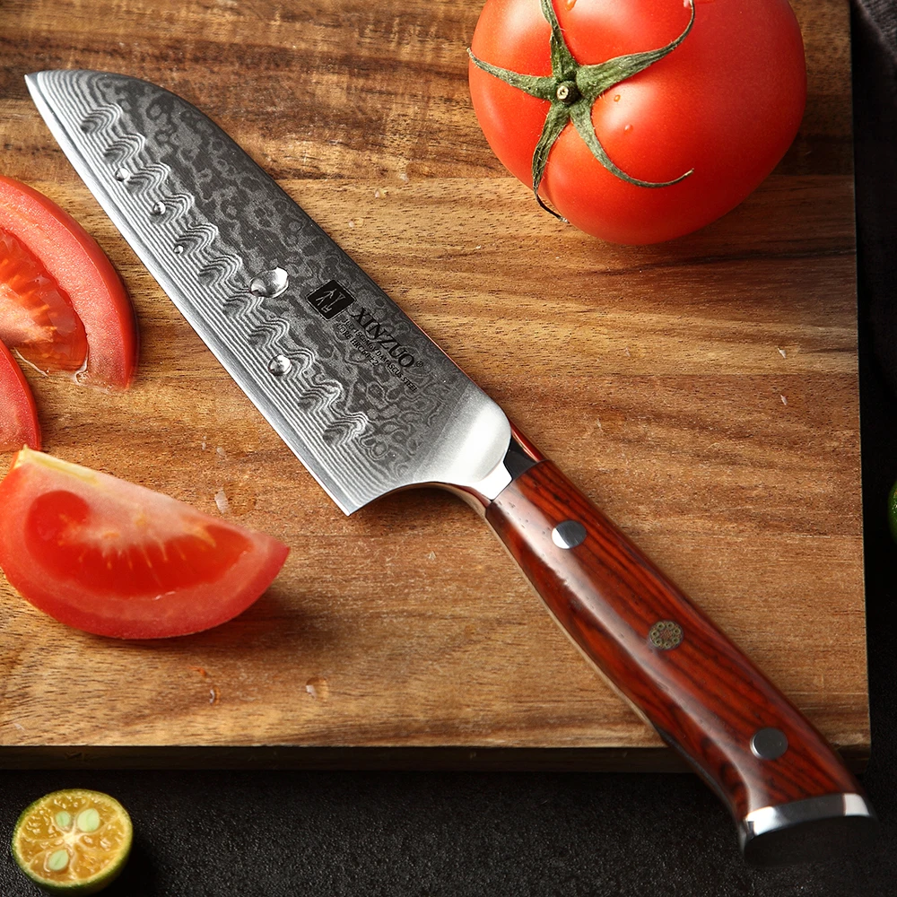 XINZUO 5 дюймовый нож Santoku лезвие из высокоуглеродистой дамасской стали кухонные
