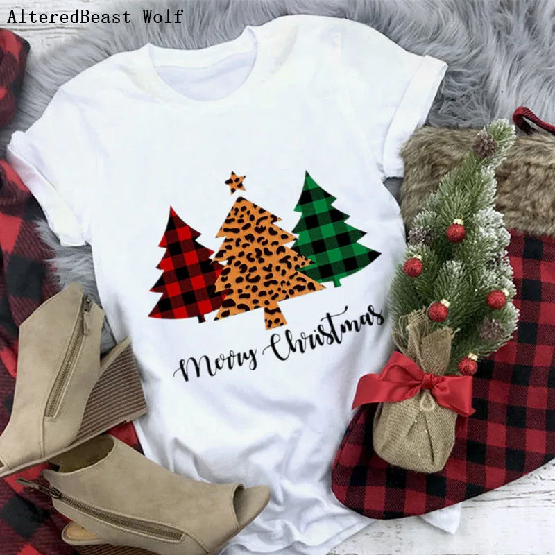 

Plaid trees christmas tshirt women white fashion printed merry christmas T Shirt summer female casual vogue cute clothes tops