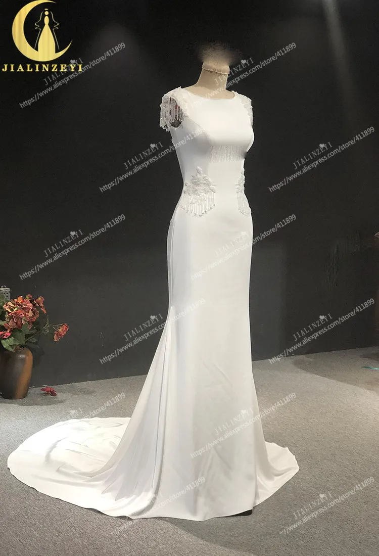 Rhine real Pictures short sleeves Satin with Beads Mermaid vestidos de noiva robe mariage Wedding gown wedding dresses