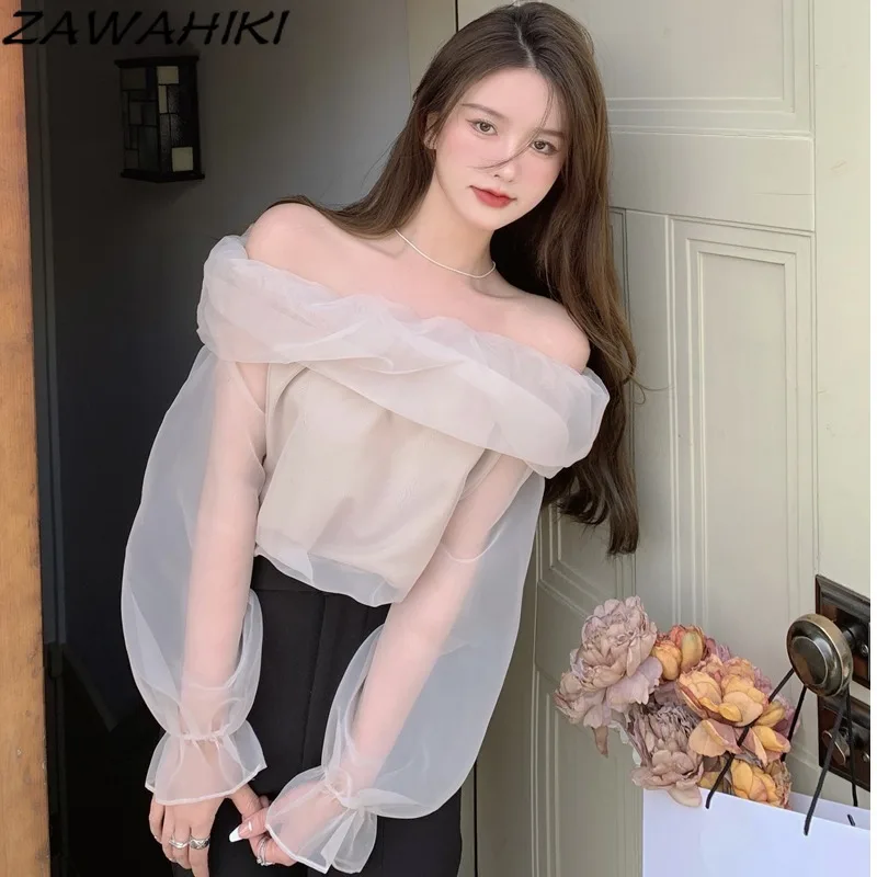 

ZAWAHIKI Gauze Thin Blouses for Women Autumn Loose Puff Long Sleeve Chiffon Tops Slash Neck Elegant Solid Lace Blusas Mujer De