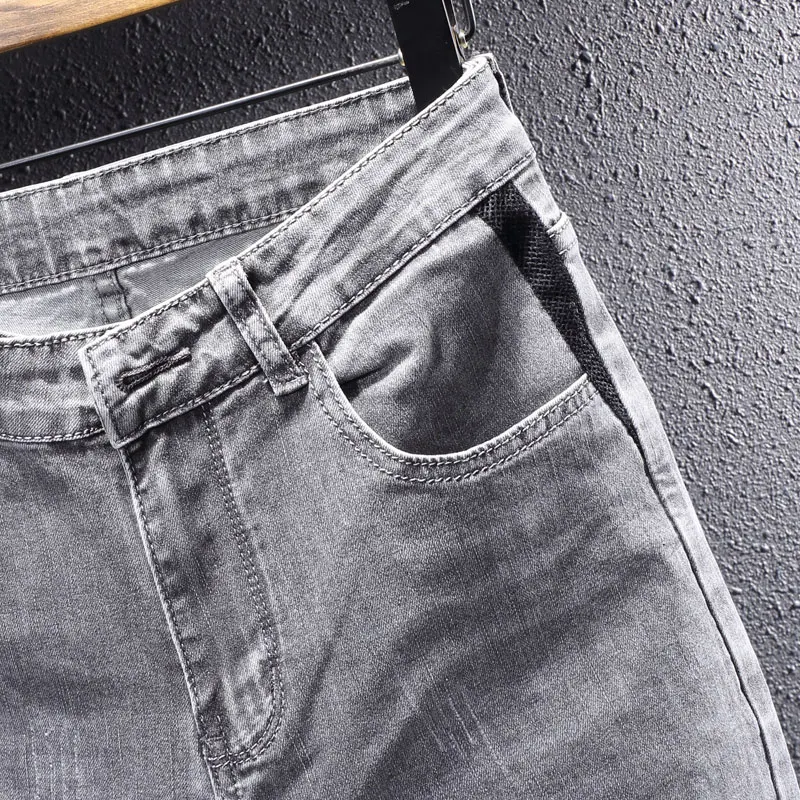 Korean Style Fashion Men Jeans Retro Gray Elastic Simple Casual Denim Pencil Pants Streetwear Spliced Designer Slim Jeans Men