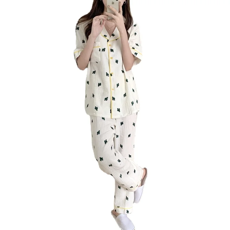 2021 Summer New Printed Pajamas Women's Cardigan Cotton Gauze Short Sleeve Home Suit Female Sleepwear Lady Nightwear Lounge Wear