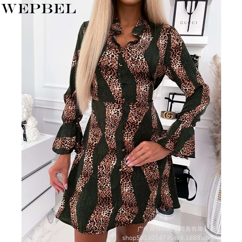 

WEPBEL Shirt Dress Women's Casual Slim-Fit Leopard Print Stitching Dress Autumn Flared Sleeves Single-Breasted Pleated Dress