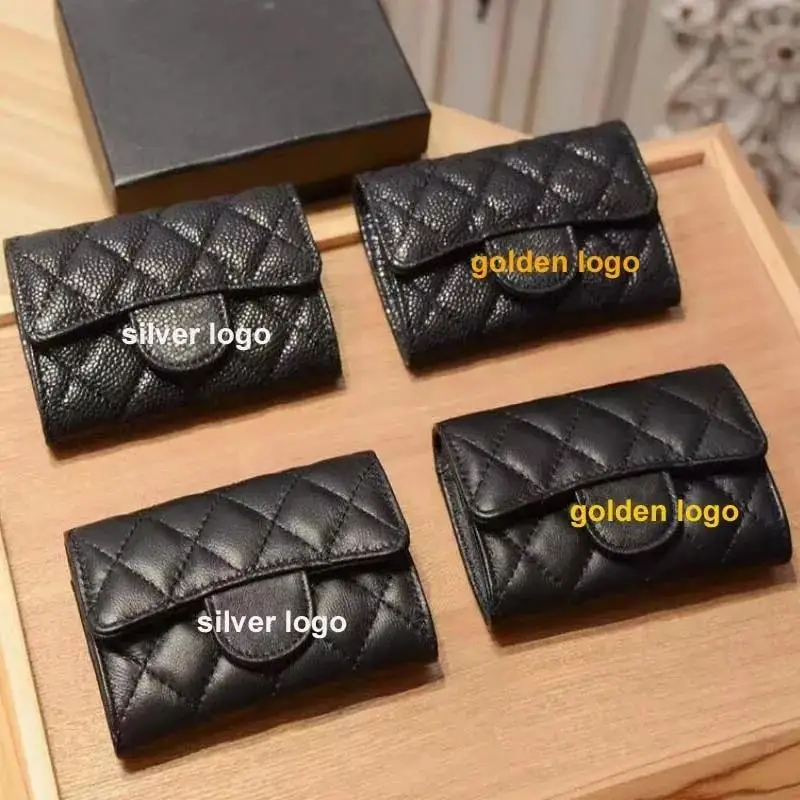 

Mens & Women Wallets Cow Leather Thin Purses Carteira Unisex Caviar Card Bag Zipper Mini Credit Card Holder With Original Box