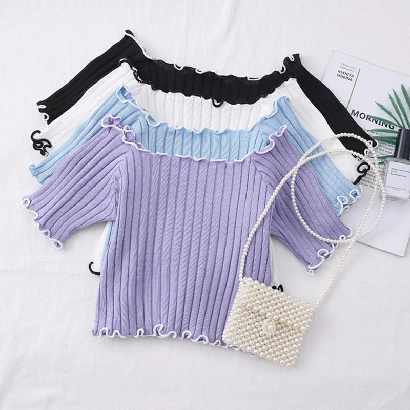 

Hot Sale Short Sleeve Stretchy Ruffles Hem T-shirts Girl T-shirts Off Shoulder Knitting Crop Tops Women Stripes Tops For Women