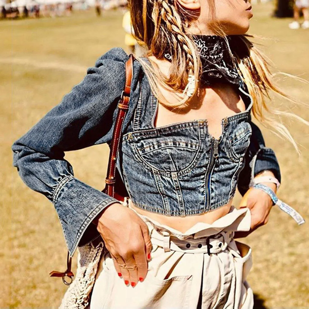 Женская Джинсовая блузка на молнии модная Зимняя Блузка с длинным рукавом и