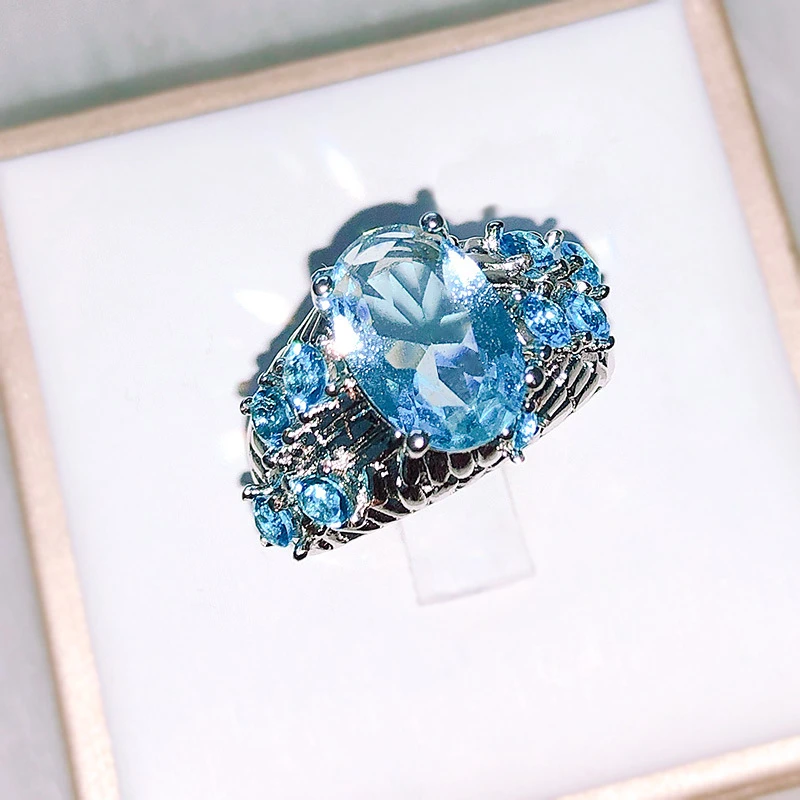 Женское кольцо из серебра 925 пробы с синим топазом овальные украшения