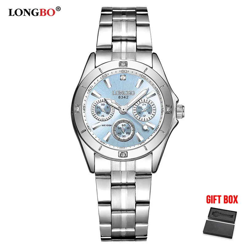 SkyBlue Lady withBox LONGBO Брендовые спортивные военные наручные часы пара из нержавеющей стали Кварцевые часы мужские часы для отдыха Relogio Masculino - Цвет: SkyBlue Lady withBox