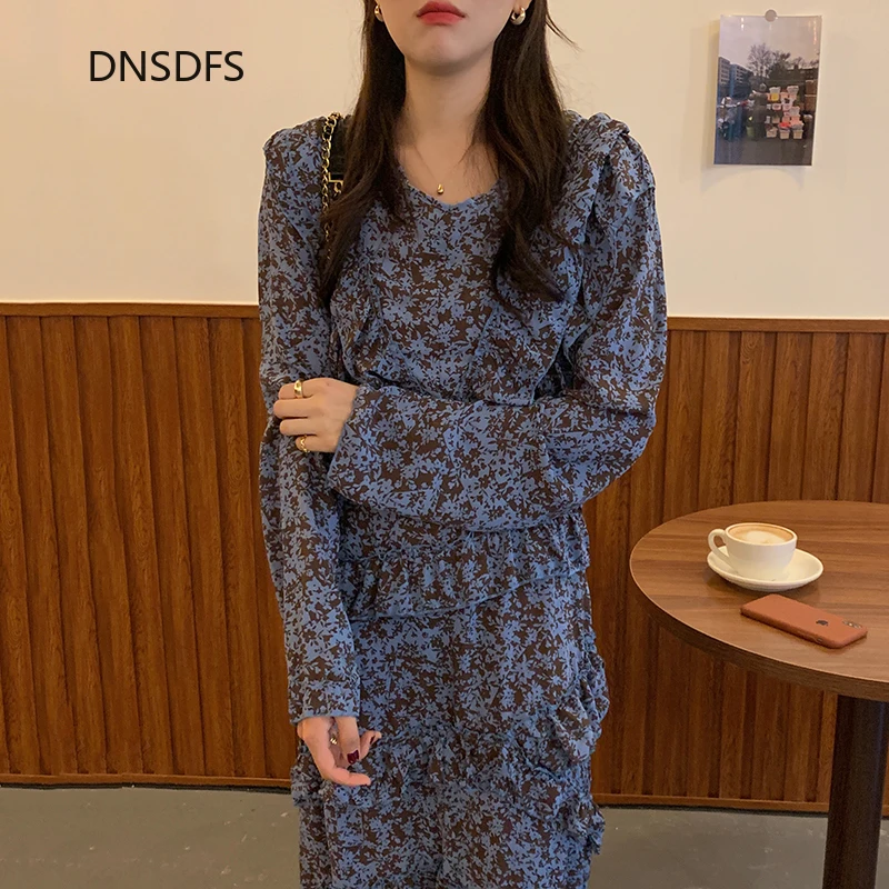 

Korean 2021 Chic Spring Dress Sweet Floral Printing Long Dress Women Casual Ruffles Blue Slim Irregular Party Dresses Vestidos