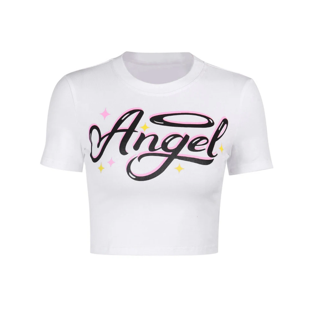 

Angel Letter Printed Tees Women Fashion Short Sleeve T-Shirts Slim Crop Top Summer Casual Outdoor Dance Knot Short Tops New