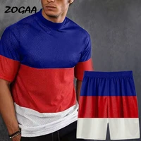 zogaa sets men summer new mens color matching casual sports mesh breathable short sleeved shorts suit two piece plus size chic