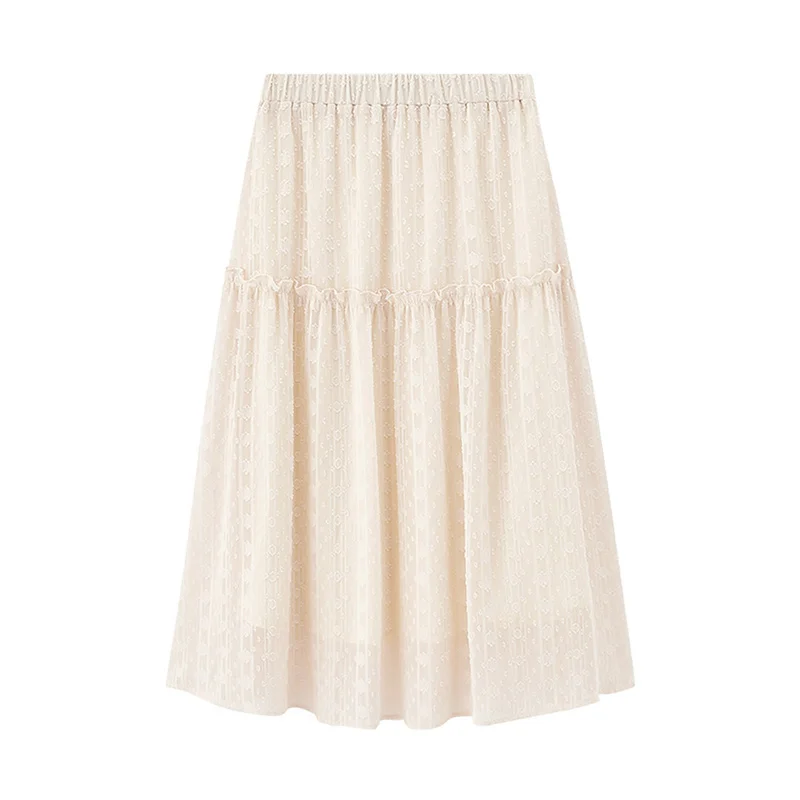 

INMAN Spring Autumn Sweet Romantic Agaric Edge Elastic Waist Texture Feeling Double Layer Cover Flesh Skirt