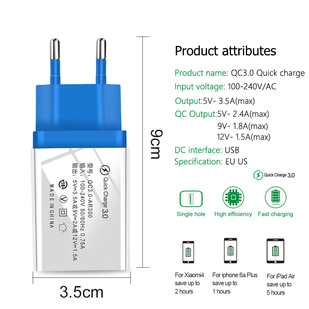 Быстрое зарядное устройство 3 0 5 В/3 А USB для iPhone XS 7 8 QC Европейское быстрое