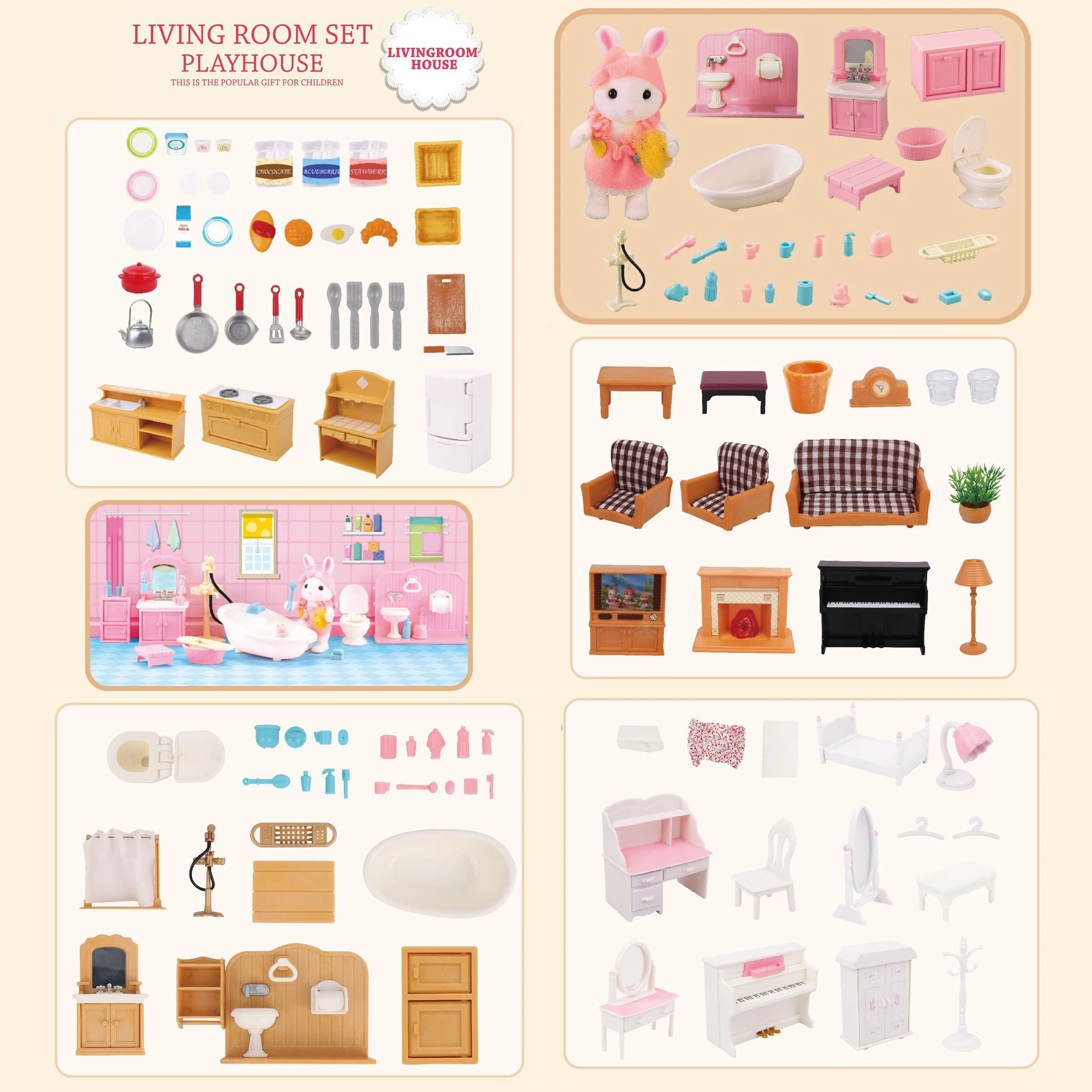 

Forest animals families dollhouse home kitchen sofa bed cabinet Vanity wardrobe Bathtub Toilet miniature accessories girls toys