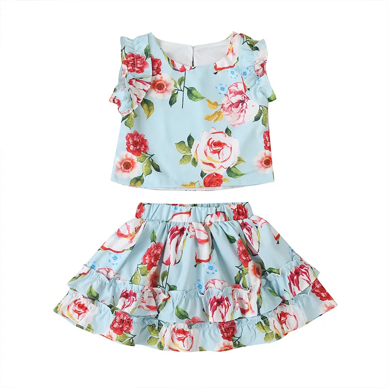 

2020 Summer Children Sets Casual Girls Sleeveless O Neck Print Floral Tops Short Skirt Cute Girls Clothes Sets 9M-4T