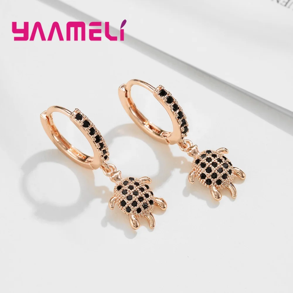 Серьги подвески из черепахи розовое золото серебро полная фианитовая