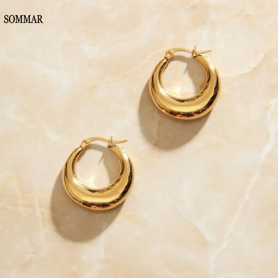 

SOMMAR Gold Vermeil 25mm steel stainless hoop earrings for women Crescent moon round women earring High Quality Jewelry