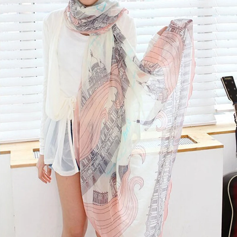 Women's Casual Voile Sheer Soft Long Scarf Eiffel Tower Printed Shawl Stole Print Translucent Fabric Comfortable |