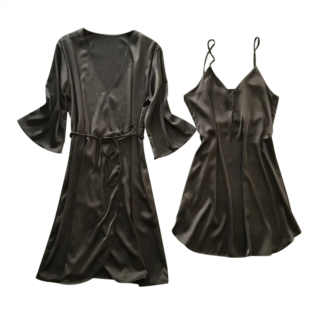 

pyjamas women 2-Piece Women's Lace Sexy Seductive Nightgown Long Sleeve Satin Sling Shorts Pajamas Women