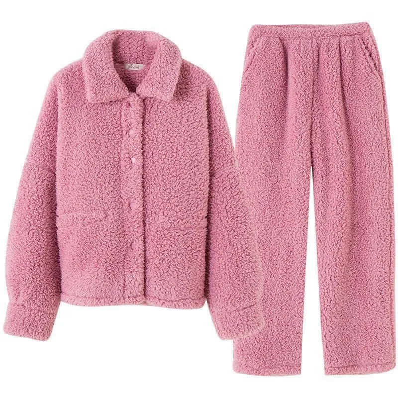 

Women's Winter Flannel Pajama Set Thick Warm Sleepwear Full Sleeve Coral Fleece Velvet Home Wear Nightgown Pijamas Female
