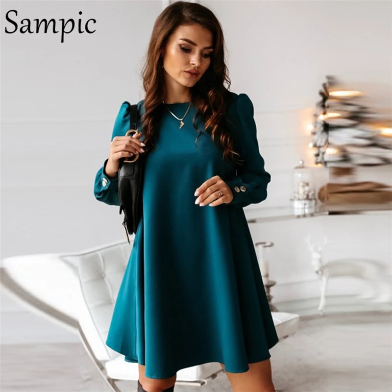 Женское однотонное короткое платье с круглым вырезом и длинным рукавом|Женские