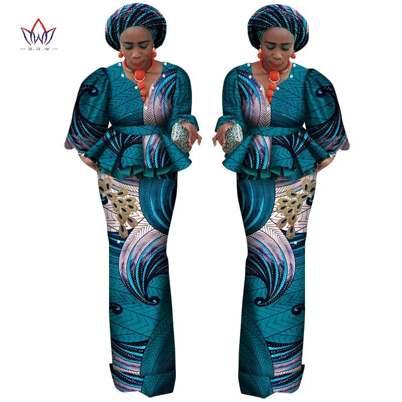 African Lantern Sleeves Print Tops and Skirt Sets for Women Bazin Riche African Clothing 2 Pieces Customize Skirts Sets WY6115