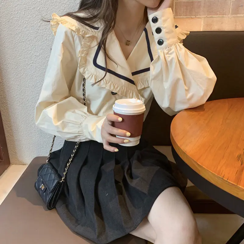 Shirts Women Vintage Patchwork Lantern Sleeve Sailor Collar European Style College Double Breasted Loose Casual Large Size | Женская