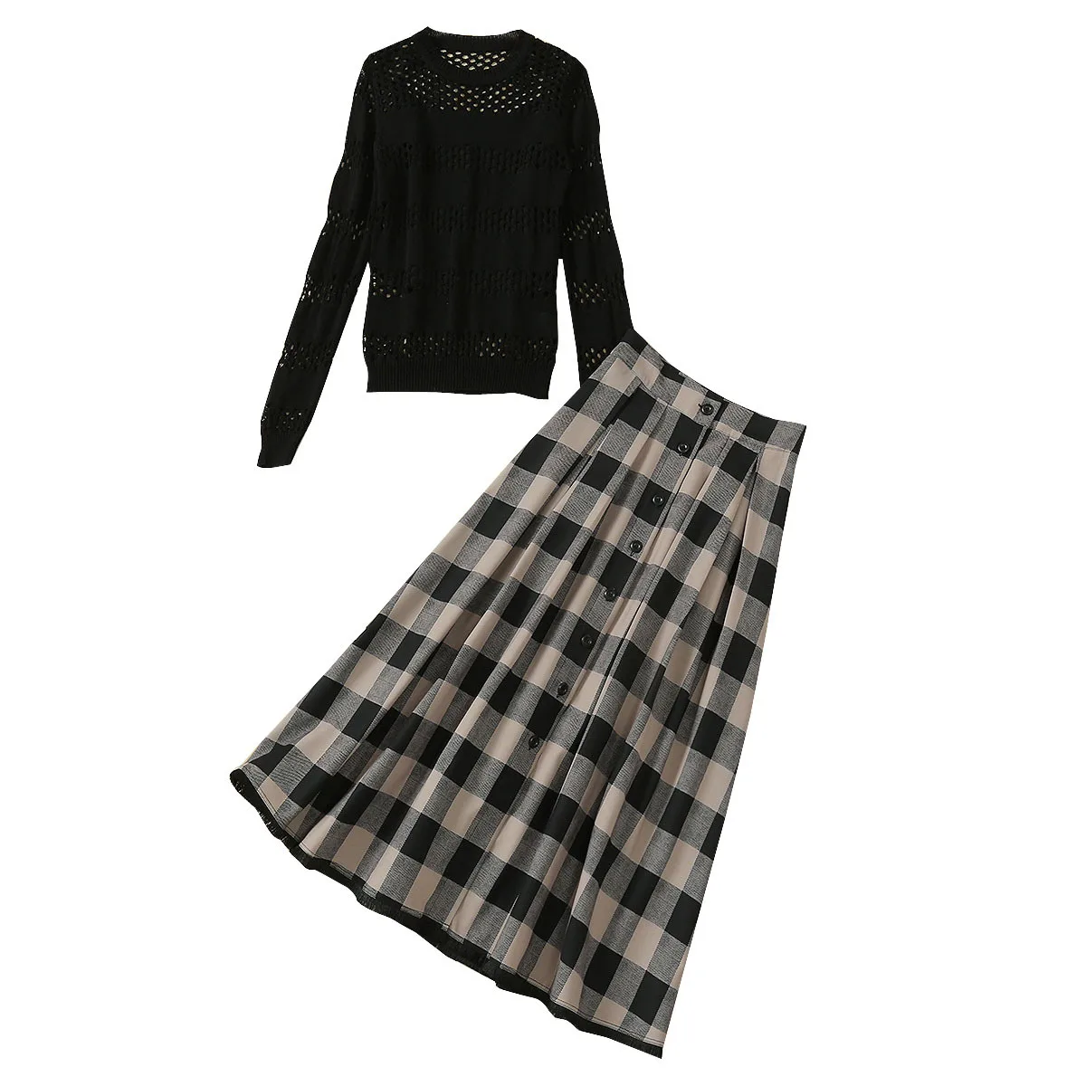 

Brand Designers Two Piece Set Women Vintage Knitted Hollwo Out Sweater+Plaid Maxi Skirt Two Piece Outfits 2020
