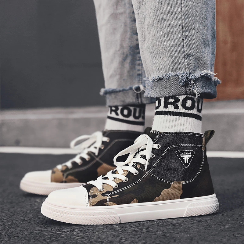 Кроссовки мужские камуфляжные из парусины дышащие с высоким берцем | Спорт и