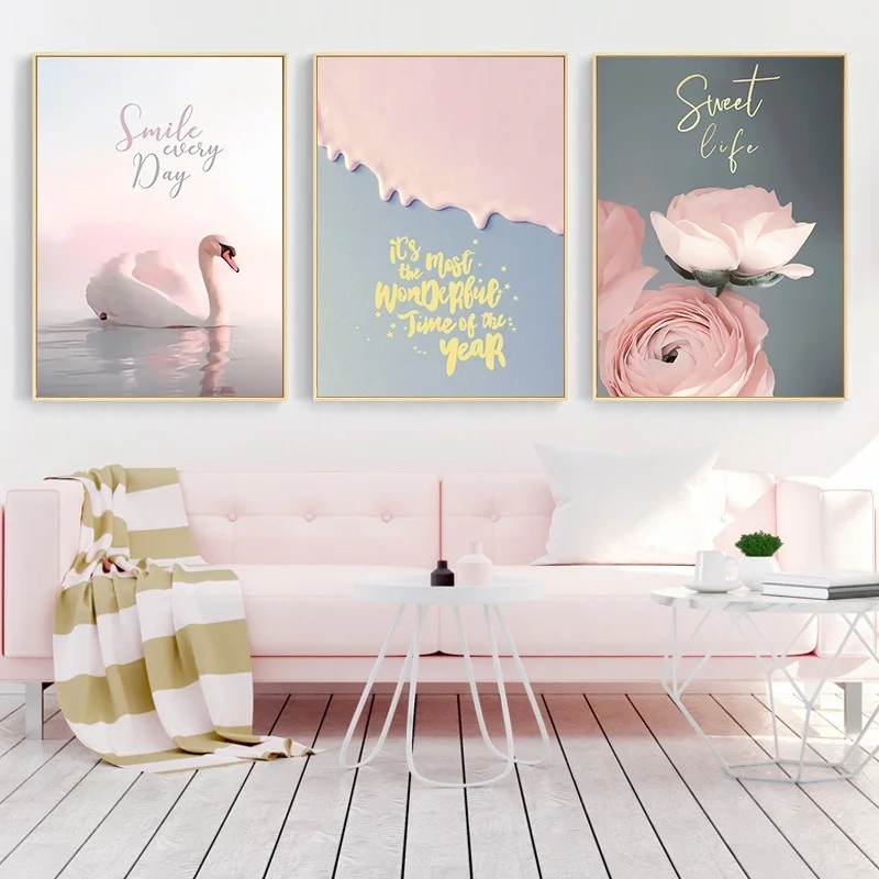 

Nordic Girl Room Decoration Painting Frameless Painting Core Simple Letters Pink Swan Warm Wall HD Painting Canvas Painting