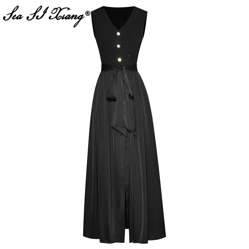 

Seasixiang Fashion Designer Summer Dress Women's V-neck Sleeveless Single-breasted Sashes Black Midi Dresses