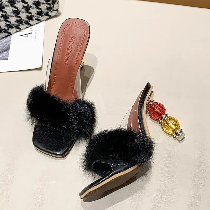 

New Summer Shoes High Heel Slippers 9.5CM Womens Pumps Fluffy Slippers Fur Slides PVC Shoes Cute Slippers Plus Size 35-42