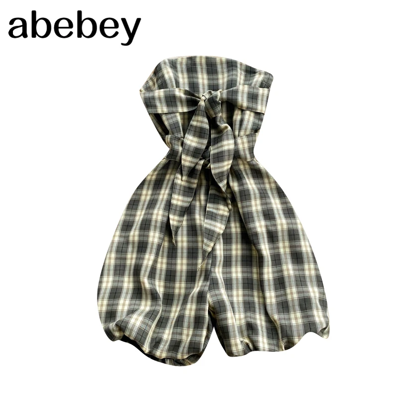 

Women Retro Plaid Strapless Rompers Korean Fashion Sexy Sleeveless Lantern Jumpsuit Summer Off Shoulder Short Playsuit