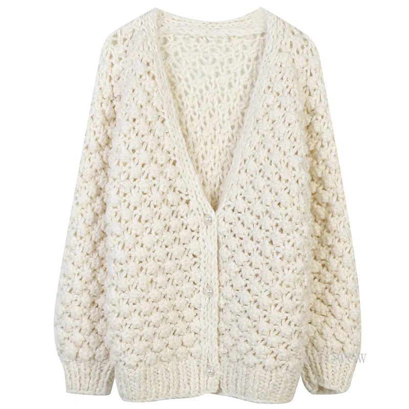 

Crochet Hollow Out Thick Cardigan Sweater 2021 Autumn Winter Plus Size Cardigan Women V-neck Raglan Sleeve Knitted Cardigan