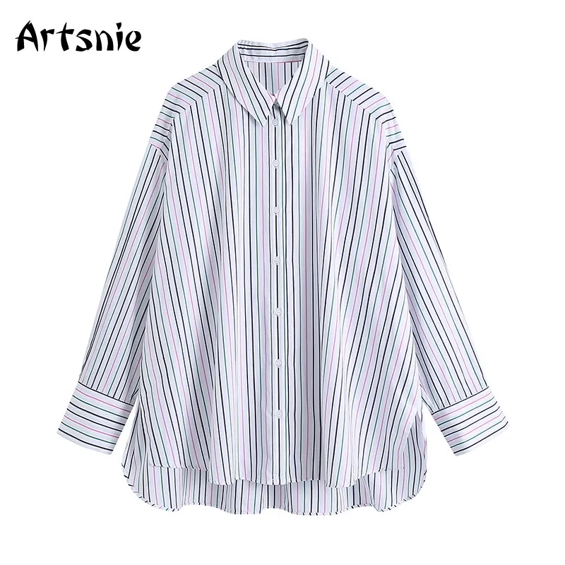 

Artsnie Весна 2021, синяя полосатая рубашка, женские топы с отложным воротником и длинными рукавами, уличная одежда, большие рубашки блузки на каж...