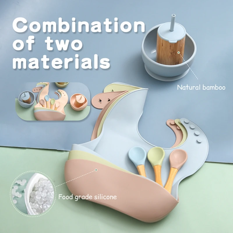 Bopoobo-taza de bamb&uacute; de paja, taz&oacute;n de silicona, babero ajustable impermeable, toalla de Saliva, libre de BPA cuchara de madera, suministros de alimentaci&oacute;n para reci&eacute;n nacidos-3