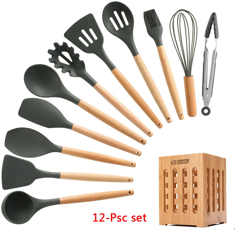 12-Pcs kitchen set 11-13 шт Силиконовая кухонная утварь набор кухонной утвари антипригарный шпатель Премиум деревянная ручка с ящиком для хранения кухонные инструменты - Цвет: 12-Pcs kitchen set