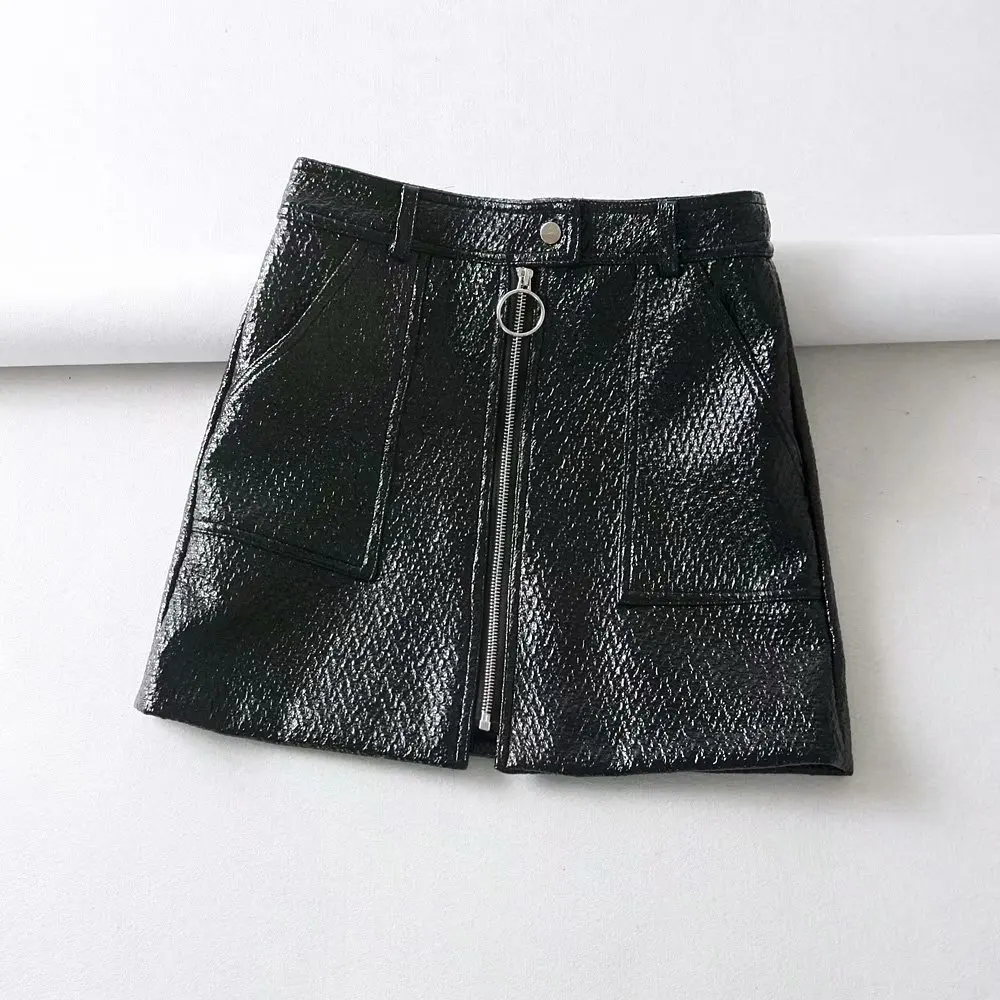 

2021 Fashion Sexy High Waist PU Leather Women Skirts Frog Pull Ring Zipper Pencil Mini Length Spring Autumn Winter Black AE739