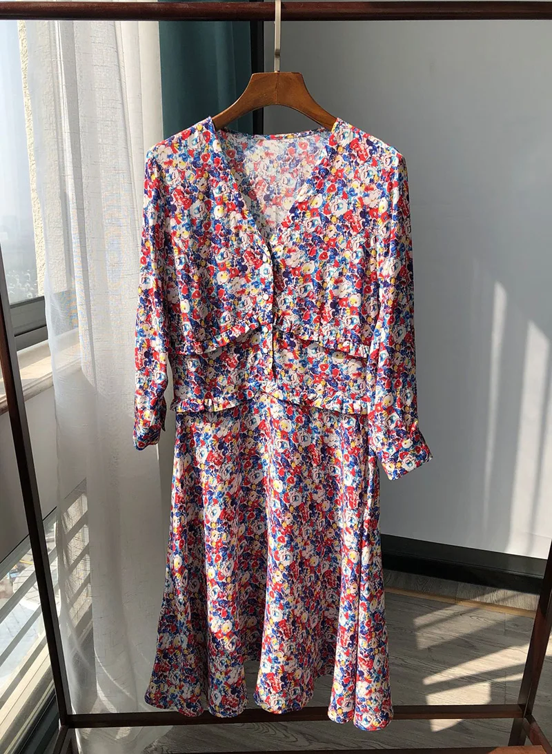 2020 New Women Viscose Floral Printed Short Mini Dress With V Neckline &amp Ruffled Detail | Женская одежда