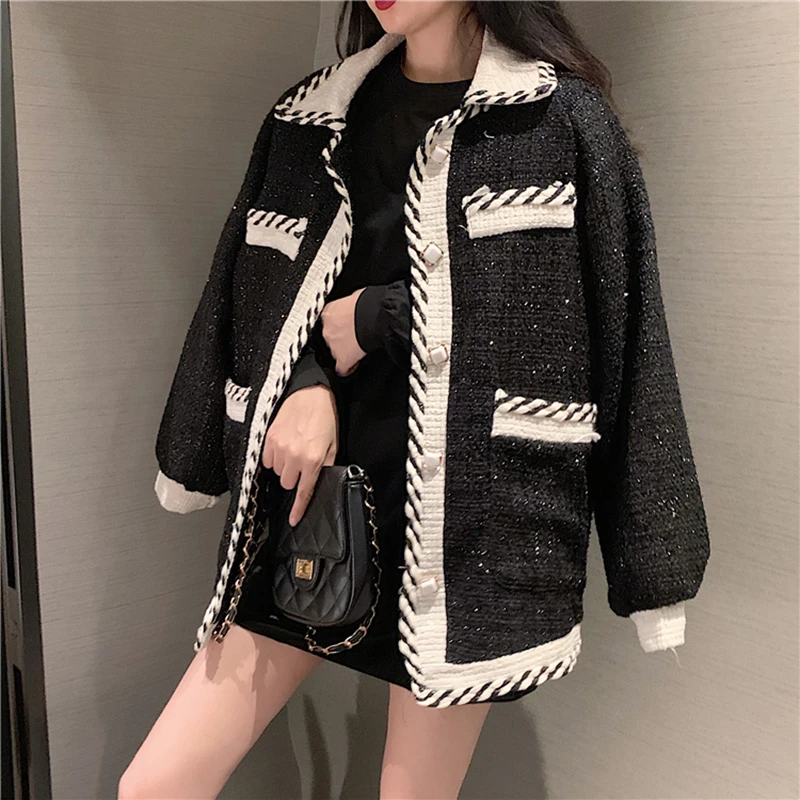 

CBAFU винтажная свободная черная шерстяная куртка женское твидовое пальто с длинным рукавом однобортная подиумная верхняя одежда с отложным ...