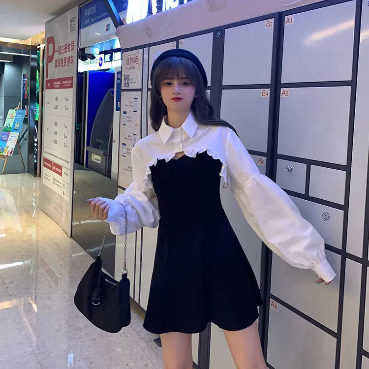 

Women's Autumn New Temperament Fashion Dress Two-piece Set Korean Retro White Blouse and Black Suspender Skirt