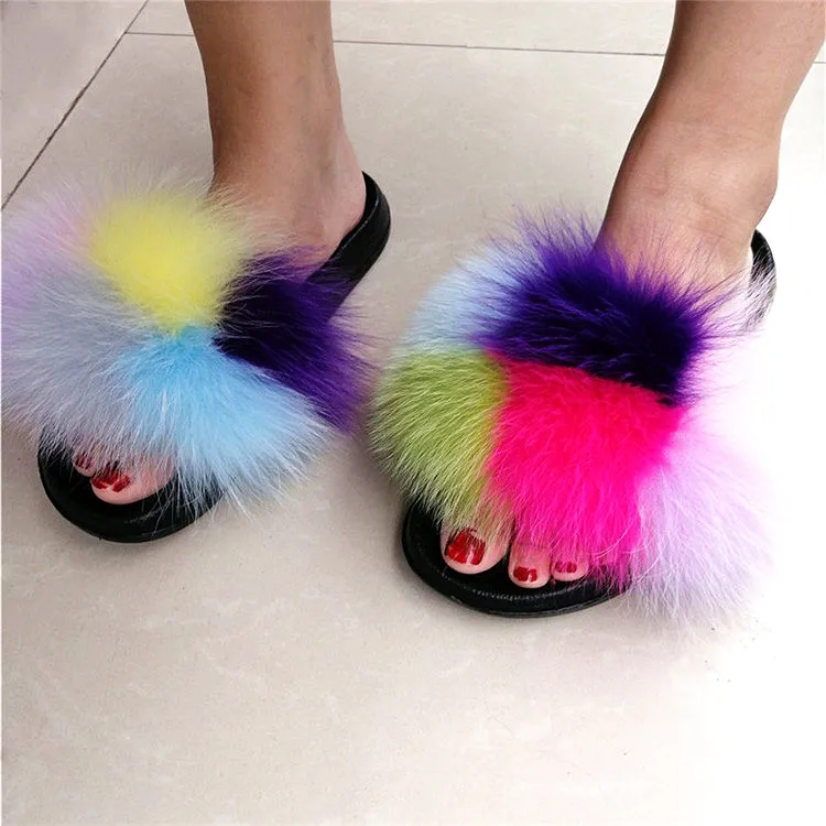 Women Fox Fur Slippers Real Fox Fur Slides Lovely Plush Slippers Woman Summer Home Sandals Women Fur Slides Furry Flip Flops Hot